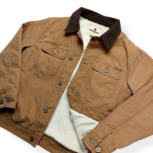 Woolrich Canvas Barn Coat Chore Jacket Corduroy Collar Sherpa Lined Tan Men's M